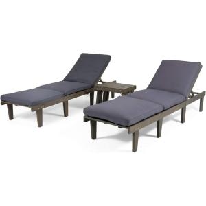 Christopher Knight Home Carlos Outdoor Acacia Wood 3 Piece Chaise Lounge Set, Teak Finish, Cream(Gray Finish  Dark Gray)