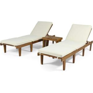 Christopher Knight Home Carlos Outdoor Acacia Wood 3 Piece Chaise Lounge Set, Teak Finish, Cream(Teak Finish  Cream)