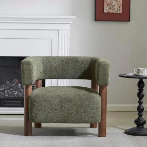 Christopher Knight Home Carly Low Profile Accent Chair, Round Backrest Side Chair, Living Room Armchair with Boucle Fabric Cushion, Comfy Reading Chair for Bedroom, Wooden Single Lounge Sofa, Wheat(Olive Green)