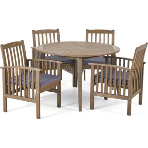 Christopher Knight Home Casa Outdoor Acacia Wood 5 Piece Dining Set with Round Table and Water Resistant Cushion, Gray Finish and Dark Gray