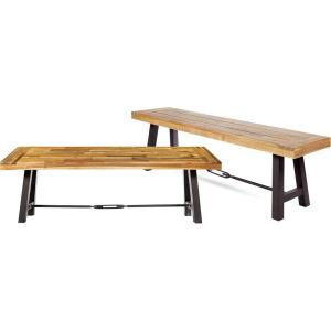 Christopher Knight Home Catriona Outdoor Dining Benches – Acacia Wood – Teak/Rustic Metal (Set of 2)