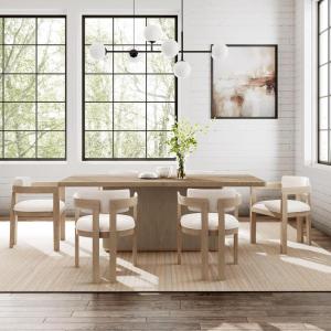 Christopher Knight Home Chowy 7 Piece Dining Set with Chairs, Wooden Dining Table Set for 6, Spacious Kitchen Table with Pillar Leg, Comfy Upholstered Curved Back Armchairs, Beige + Light Natural