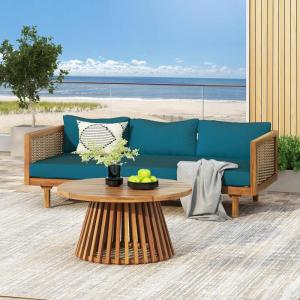 Christopher Knight Home Claremont Patio Sofa and Coffee Table Set, 2 Piece Outdoor Patio Furniture Set with Cushion, Acacia Wood 3 Seater Outdoor Sofa Daybed and Coffee Table Set, Teak+Beige(Teak+dark Teal/Wicker)