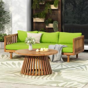 Christopher Knight Home Claremont Patio Sofa and Coffee Table Set, 2 Piece Outdoor Patio Furniture Set with Cushion, Acacia Wood 3 Seater Outdoor Sofa Daybed and Coffee Table Set, Teak+Beige(Teak+light Green)