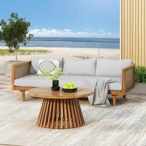 Christopher Knight Home Claremont Patio Sofa and Coffee Table Set, 2 Piece Outdoor Patio Furniture Set with Cushion, Acacia Wood 3 Seater Outdoor Sofa Daybed and Coffee Table Set, Teak+Beige(Teak+light Grey/Wicker)