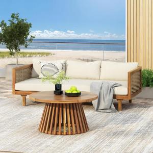 Christopher Knight Home Claremont Patio Sofa and Coffee Table Set, 2 Piece Outdoor Patio Furniture Set with Cushion, Acacia Wood 3 Seater Outdoor Sofa Daybed and Coffee Table Set, Teak+Beige(Teak+beige/Wicker)