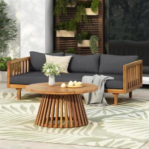 Christopher Knight Home Claremont Patio Sofa and Coffee Table Set, 2 Piece Outdoor Patio Furniture Set with Cushion, Acacia Wood 3 Seater Outdoor Sofa Daybed and Coffee Table Set, Teak+Beige(Teak+dark Grey)