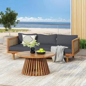 Christopher Knight Home Claremont Patio Sofa and Coffee Table Set, 2 Piece Outdoor Patio Furniture Set with Cushion, Acacia Wood 3 Seater Outdoor Sofa Daybed and Coffee Table Set, Teak+Beige(Teak+dark Grey/Wicker)