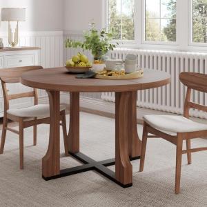 Christopher Knight Home Corale 48″ Round Dining Table for 4, Dining Room Table with Wooden Base, Circle Farmhouse Dinner Furniture for Dining Room, Kitchen, Living Room (Table Only), Natural+Black(Walnut)