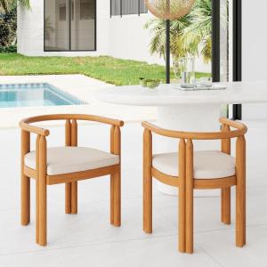 Christopher Knight Home Coves Acacia Wood Outdoor Dining Chair Set of 2 with Cushion, Wood Kitchen Side Chair, Multifunctional Patio Chair, Patio Furniture Set for Outdoor Dining, Teak+ Beige