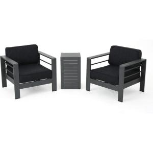 Christopher Knight Home Crested Bay Aluminum Outdoor Chat Set with Water Resistant Cushions, 3-Pcs Set, Grey / Dark Grey