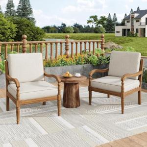 Christopher Knight Home Cuzz Acacia Wood Patio Chairs Set of 2, Outdoor Armchair with Thick Cushions, Comfort Seating for Garden Backyard, Wooden Lounge Chair Outdoor with Armrest, Beige + Natural