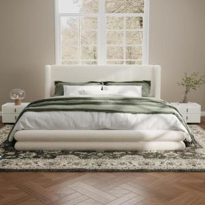 Christopher Knight Home Danie Boucle Upholstered King Size Bed Frame with Wingback Headboard, Modern King Bed Frame and Headboard, Wooden Slats Support, Easy Assembly, No Box Spring Needed, White(King (U.S. Standard))
