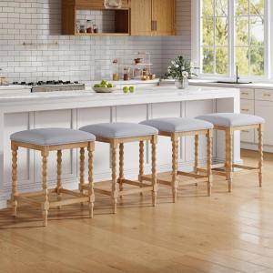 Christopher Knight Home Darius Backless Counter Height Bar Stools Set of 4, Acacia Wood Counter Stools with Upholstered Seat, Square Bar Stool for Kitchen Island, Dining Room Chair, Natural+Light Gray(Natural+light Gray)
