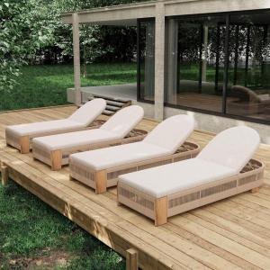 Christopher Knight Home Daskz Outdoor Chaise Lounge Chair Set of 4, Patio Outdoor Acacia Wood Chaise Lounge, Adjustable Backrest Poolside Beach Yard Recliner Chair, Rope Design, 79.5”, Teak+Gray(Teak+beige 4 Pcs Set)
