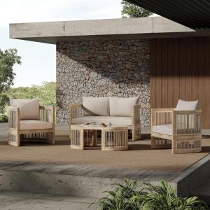 Christopher Knight Home Delbert Acacia Wood 4 Piece Patio Furniture Set, Wooden Patio Conversation Set with Club Chair+Coffee Table, 4-Seater Outdoor Loveseat Sofa Chair and Table Set, Natural+Beige