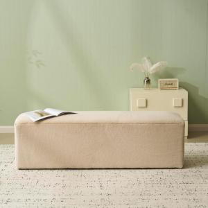 Christopher Knight Home Deni Modern Plush Fabric Ottoman Bench, Living Room Long Ottoman Foot Rest, Bedroom End of Bed Bench with Wooden Frame, Rectangular Ottoman Coffee Table, Almond Beige