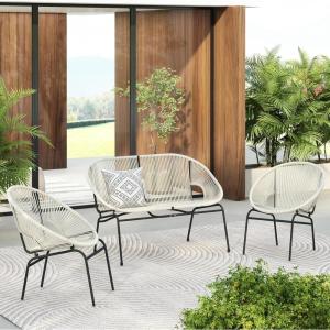 Christopher Knight Home Dessa 3 Piece Patio Furniture Set, Patio Wicker Accent Chair Set of 2 and Loveseat, Metal Frame 4 Seater Outdoor Papasan Lounge Chair Set, PE Rattan Outdoor Bistro Set, Black(White)