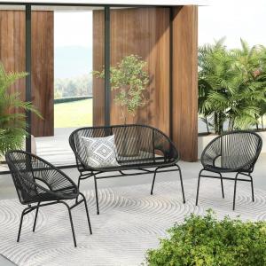 Christopher Knight Home Dessa 3 Piece Patio Furniture Set, Patio Wicker Accent Chair Set of 2 and Loveseat, Metal Frame 4 Seater Outdoor Papasan Lounge Chair Set, PE Rattan Outdoor Bistro Set, Black(Black)