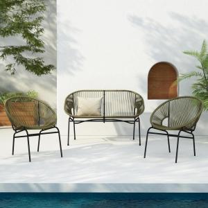 Christopher Knight Home Dessa 3 Piece Patio Furniture Set, Patio Wicker Accent Chair Set of 2 and Loveseat, Metal Frame 4 Seater Outdoor Papasan Lounge Chair Set, PE Rattan Outdoor Bistro Set, Black(Green)