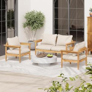 Christopher Knight Home Dessa 3 Pieces Outdoor Chat Set, Acacia Wood Loveseat and Club Chairs, Wide Accent Armchair, 4 Seater Chair Set, Spacious Seating Sofa Sets for Poolside Backyard, Teak+Beige