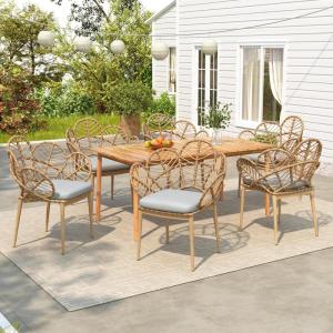 Christopher Knight Home Dessa 7 Pieces Dining Set, Faux Rattan Dining Chairs, Petal-Shaped Accent Chair, Acacia Wood Table, Slats Panel Design Table and Wicker Chairs Set for 6 Backyard, Teak+Beige