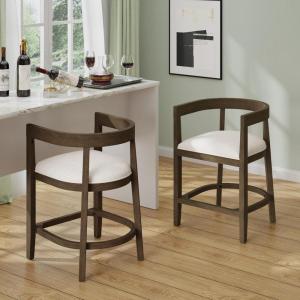 Christopher Knight Home Ebany 25.25″ Barstools Set of 2, Rubberwood Counter Stool, Upholstered Seat Bar Chair, Curved Back Barstool, Open Design Stool for Kitchen Dining Island Table, Beige + Walnut(Beige + Walnut)