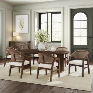 Christopher Knight Home Ebany 7 Piece Wooden Dining Set for 6, Dining Table and Chairs Set, Oval Kitchen Table for 6, Curved Back Armchairs, Restaurant Furniture Set with 6 Armchairs, Beige+Light Ash(Walnut)