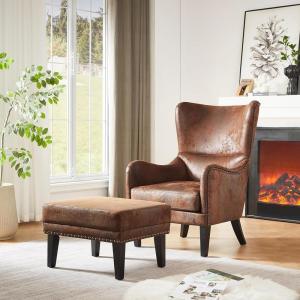 Christopher Knight Home Elber Mid-Century Modern Accent Chair with Ottoman, Faux Suede Upholstered Wingback Club Chair and Ottoman Footrest, Wooden Comfy Reading Chair with Footstool, Brown