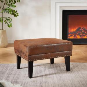 Christopher Knight Home Elber Mid-Century Modern Upholstered Ottoman Coffee Table, Small Living Room Sofa Footrest, Wooden Rectangular Ottoman Footstool, Brown