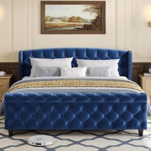 Christopher Knight Home Elley Velvet Upholstered King Size Bed Frame with Wingback Headboard, Modern King Bed Frame and Headboard, Wooden Slats Support, Easy Assembly, No Box Spring Needed, Beige(Blue)