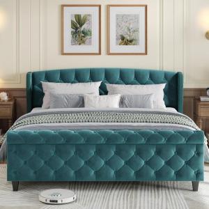 Christopher Knight Home Elley Velvet Upholstered King Size Bed Frame with Wingback Headboard, Modern King Bed Frame and Headboard, Wooden Slats Support, Easy Assembly, No Box Spring Needed, Beige(Green)
