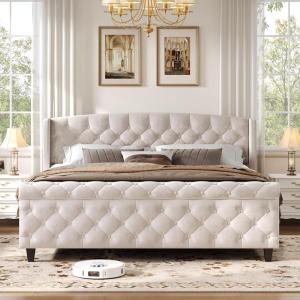 Christopher Knight Home Elley Velvet Upholstered King Size Bed Frame with Wingback Headboard, Modern King Bed Frame and Headboard, Wooden Slats Support, Easy Assembly, No Box Spring Needed, Beige(Beige)