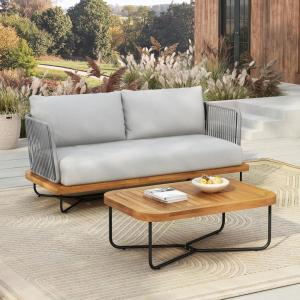 Christopher Knight Home Elly Acacia Wood Outdoor Loveseat and Coffee Table Set, 2 Piece Patio Furniture Set with Metal Frame, Outdoor Conversation Set with Cushion for Balcony/Backyard, Teak+Grey(Teak+grey)
