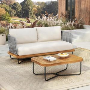 Christopher Knight Home Elly Acacia Wood Outdoor Loveseat and Coffee Table Set, 2 Piece Patio Furniture Set with Metal Frame, Outdoor Conversation Set with Cushion for Balcony/Backyard, Teak+Grey(Teak+beige)