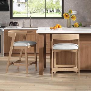 Christopher Knight Home Elsie Upholstered Counter Height Bar Stools Set of 2, Fabric Round Bar Stool for Kitchen Island, Counter Stool with Footrest, Wooden Dining Chair with Curved Backrest, Walnut(Natural)