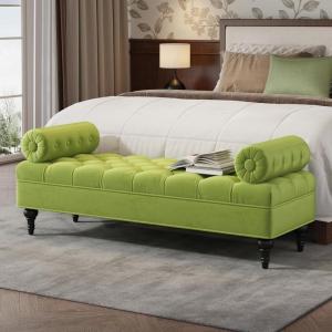 Christopher Knight Home Emmie Modern Velvet Ottoman Bench with Detachable Pillow, Wooden Bedroom End of Bed Bench, Upholstered Entryway Ottoman Foot Rest, Living Room Sofa Extra Seat, Green(Green)