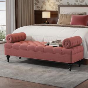 Christopher Knight Home Emmie Modern Velvet Ottoman Bench with Detachable Pillow, Wooden Bedroom End of Bed Bench, Upholstered Entryway Ottoman Foot Rest, Living Room Sofa Extra Seat, Green(Reddish Pink)