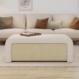 Christopher Knight Home Erene Modern Boucle Upholstered Ottoman with Storage, Wooden Storage Ottoman Bench, Bedroom End of Bed Bench with Storage, Comfy Living Room Sofa Extra Seat, Light Brown+White