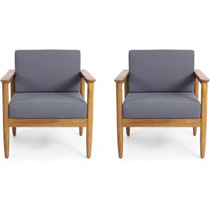 Christopher Knight Home Eudora Outdoor Acacia Wood Club Chair (Set of 2), Teak and Dark Gray