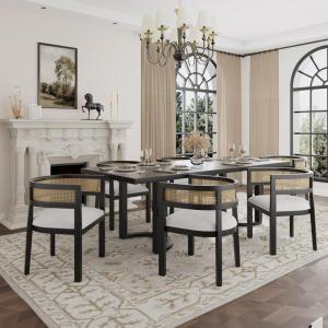 Christopher Knight Home Evat 7-Piece Wooden Dining Table Set for 6, Modern Kitchen Table and Chair Set for 6, Contemporary Dining Room Furniture Set with 6 Upholstered Armchairs, Black+Milky White(Black+milky White)