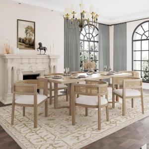 Christopher Knight Home Evat 7-Piece Wooden Dining Table Set for 6, Modern Kitchen Table and Chair Set for 6, Contemporary Dining Room Furniture Set with 6 Upholstered Armchairs, Black+Milky White(Natural Ash+beige)