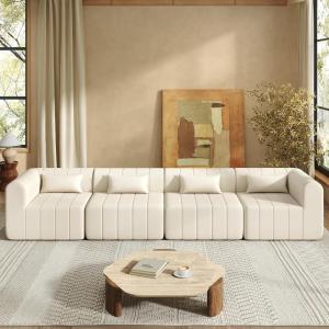 Christopher Knight Home Flarin 145.5″ Convertible Sectional Sofa Couch, L-Shape Home Sofa Living Room, 4 Seat Sectional Sleeper Sofa, Fabric Upholstered Comfy Cloud Couch, No Assembly, Orange(Beige)