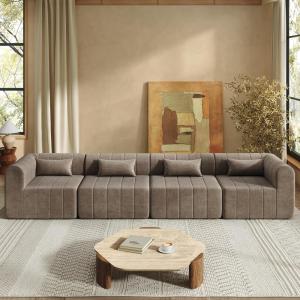 Christopher Knight Home Flarin 145.5″ Convertible Sectional Sofa Couch, L-Shape Home Sofa Living Room, 4 Seat Sectional Sleeper Sofa, Fabric Upholstered Comfy Cloud Couch, No Assembly, Orange(Light Brown)