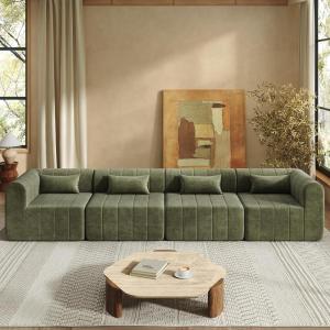 Christopher Knight Home Flarin 145.5″ Convertible Sectional Sofa Couch, L-Shape Home Sofa Living Room, 4 Seat Sectional Sleeper Sofa, Fabric Upholstered Comfy Cloud Couch, No Assembly, Orange(Olive Green)