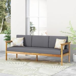 Christopher Knight Home Gaviaz Acacia Wood Outdoor 3 Seater Sofa, 76” Modern Patio Couch with Water-Resistant Cushions and Open Slat Design for Garden Poolside Deck, Dark Gray