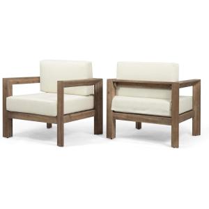 Christopher Knight Home Genser Outdoor Wooden Club Chairs with Cushions (Set of 2), 30.25 “W x 27.5 “D x 24.5 “H, Brown Wash + Beige