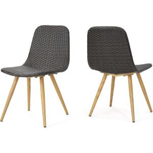 Christopher Knight Home Gila Outdoor Wicker Dining Chairs with Wood Finished Metal Legs, 2-Pcs Set, Multibrown / Light Brown