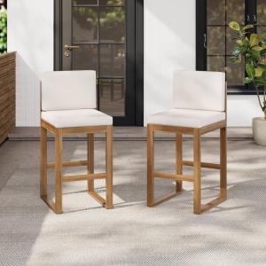 Christopher Knight Home Gree Outdoor Counter Height Bar Stools Set of 2 with Cushion, Acacia Wood Patio Barstool for Kitchen Island, Wooden Armless Counter Stool with Footrest, Light Beige+Light Brown(Light Beige+light Brown)
