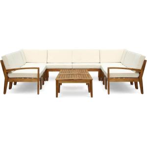 Christopher Knight Home Grena Outdoor Acacia Wood 10 Seater Sectional Conversation Set with Two Coffee Tables, Teak and Beige